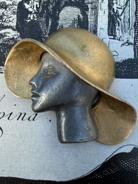 Vintage Ultra Craft Lady Face Profile Sun Hat Brooch Pin Art Deco Figural